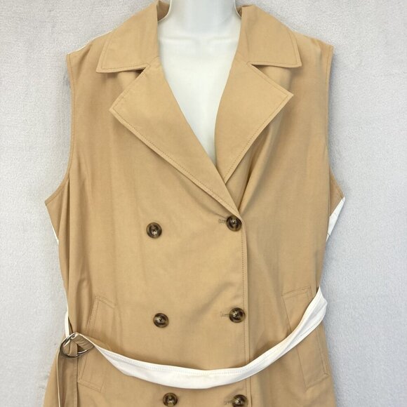 Nine West Sleeveless Trench Vest Womens 2XL Tan White Belted Double Breasted‎ - Picture 6 of 14
